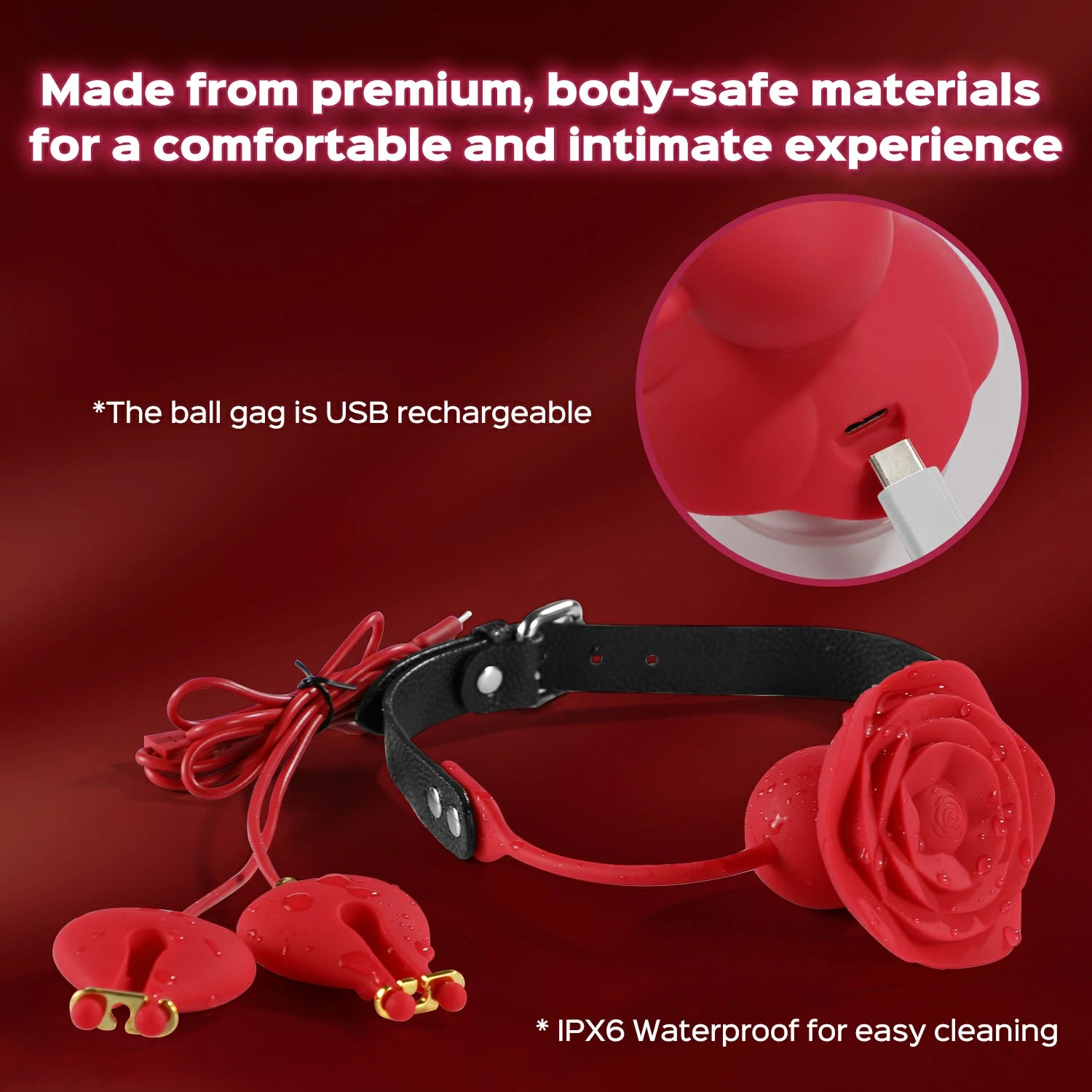 Sweet Surrender  - Rose Ball Gag with Leash & Vibrating Nipple Clamps