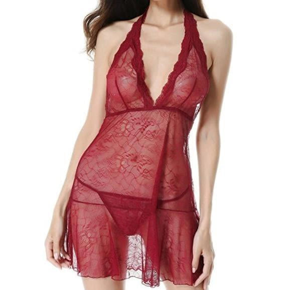 Sexy Lace Halter Chemise Lingerie Set - Red