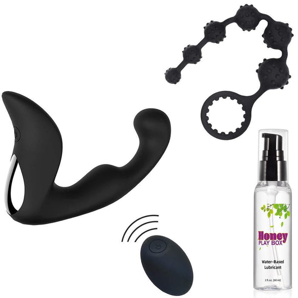 The Anal Trio Bundle, Premium Prostate Massager w/ Remote + Anal Beads + 2 oz Lube, Portable & Waterproof