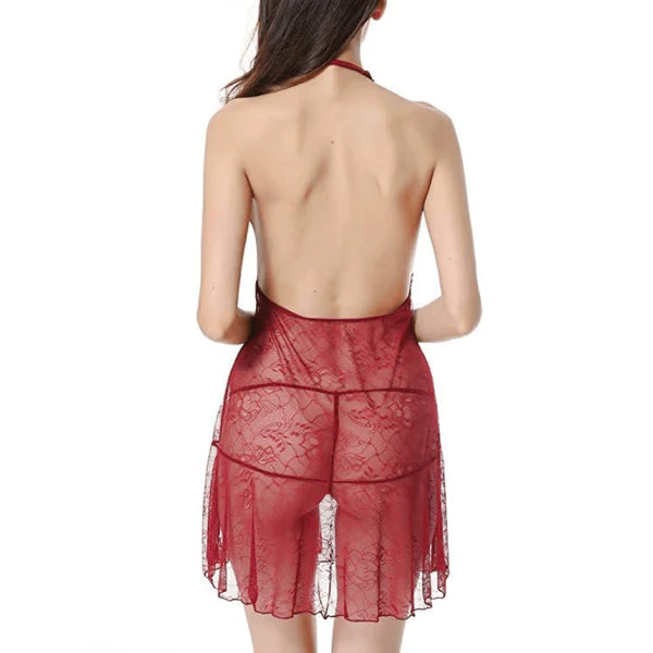 Sexy Lace Halter Chemise Lingerie Set - Red